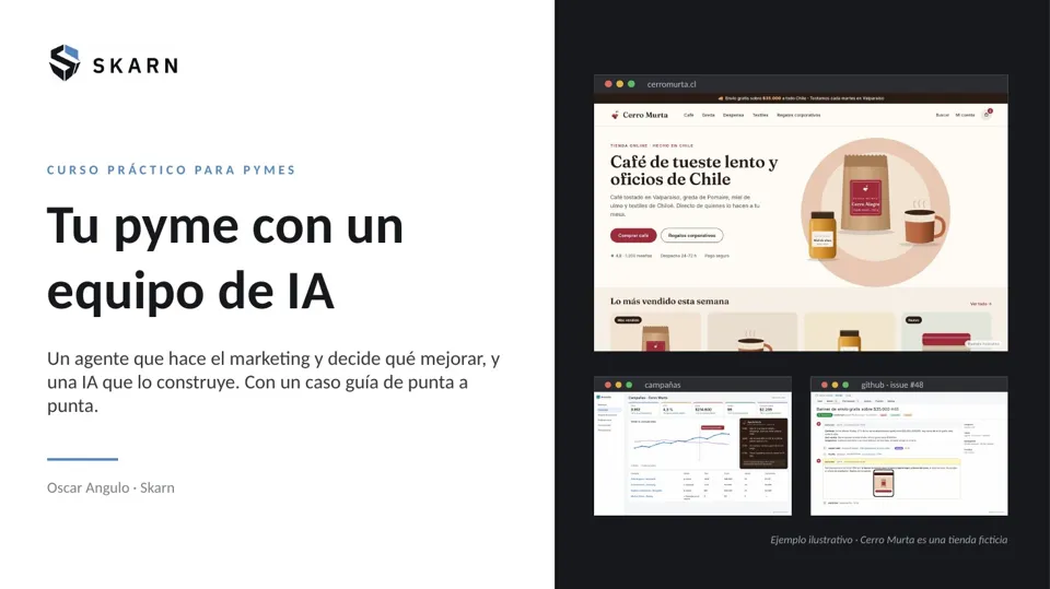 Portada del curso Tu pyme con un equipo de IA, con capturas de la tienda de ejemplo Cerro Murta